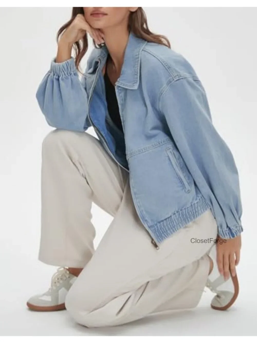 Long Sleeve Zip Up Elastic Hem Denim Jacket Bomber Coat